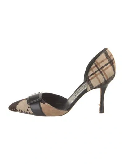 Pre-owned Manolo Blahnik Ponyhair Plaid Print D'orsay Pumps In Neutral