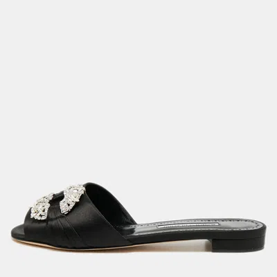 Pre-owned Manolo Blahnik Pralina Size 39 Black Satin Flat Slide