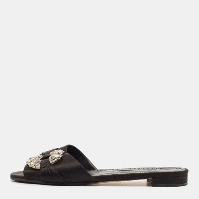 Pre-owned Manolo Blahnik Pralina Size 40 Black Satin Flat Slide