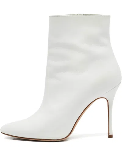 Pre-owned Manolo Blahnik  100mm Leather Ankle Boots In White