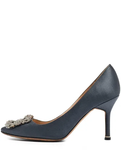 Pre-owned Manolo Blahnik  85mm Hangisi Satin Pointed-toe Pumps
