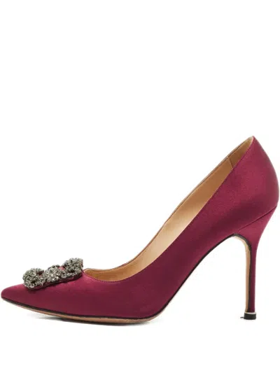 Pre-owned Manolo Blahnik  110mm Hangsi Jewel-buckle Pumps In Red