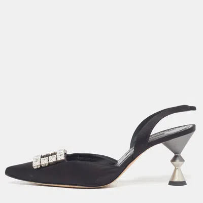 Pre-owned Manolo Blahnik Prietasli Size 39.5 Black Satin Crystal Embellished Slingback Sandals