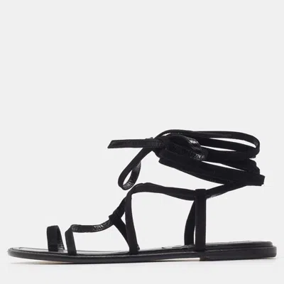 Pre-owned Manolo Blahnik Primathi Size 42 Black Suede Ankle Tie Gladiator Flat Sandals