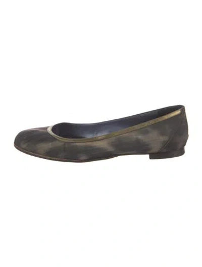 Pre-owned Manolo Blahnik Printed Leather Trim Embellishment Ballet Flats In Green