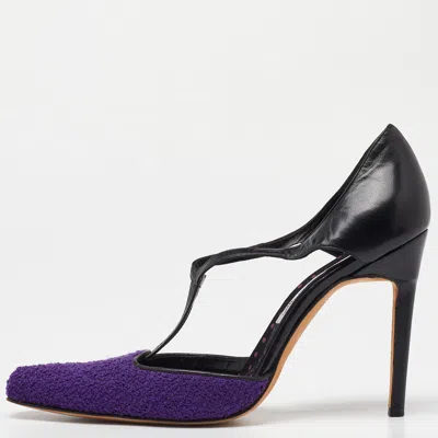 Pre-owned Manolo Blahnik Purple/black Tweed And Leather Pointed Toe Pumps Size 40