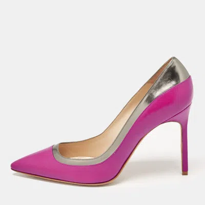 Pre-owned Manolo Blahnik Purple/metallic Grey Leather Pointed Toe Pumps Size 38