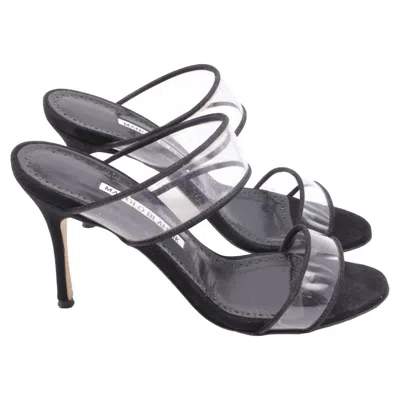 Pre-owned Manolo Blahnik Pvc Strap Heeled Mules In Black Suede