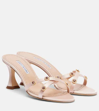 Manolo Blahnik Pyrenea Embellished Satin Mules