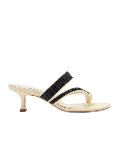 Manolo Blahnik Susa 50 Raffia-trimmed Leather Mules In White