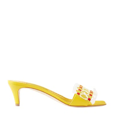 Manolo Blahnik Moremu 50 Raffia-trimmed Leather Mules In Yellow
