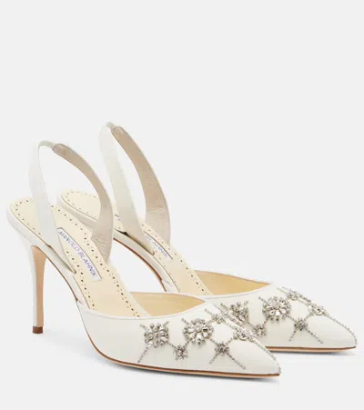 Manolo Blahnik Ralyne 90 Crystal-embellished Crepe De Chine Slingback Pumps In White