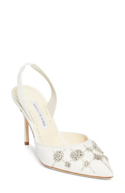Manolo Blahnik Ralyne Embellished Slingback Pump In White