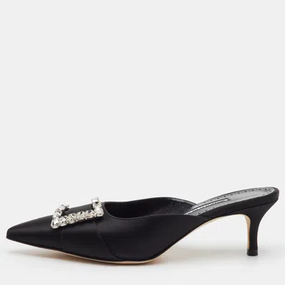 Pre-owned Manolo Blahnik Ramimu Size 38 Black Satin Crystal Embellished Pointed Toe Mules