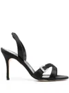 Manolo Blahnik Satin Crisscross Buckle Slingback Sandals In Black