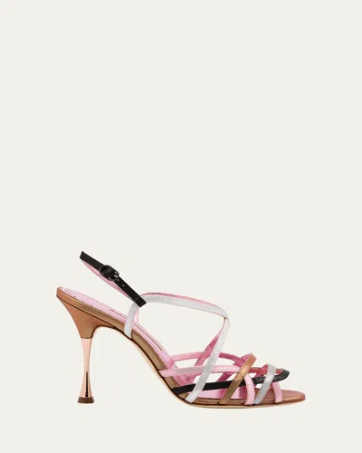 Manolo Blahnik Rayaah Multicolor Strappy Slingback Sandals In Black/silver/gold