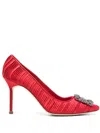 Manolo Blahnik Hangisi 90 Crystal Buckle Satin Pumps In Red