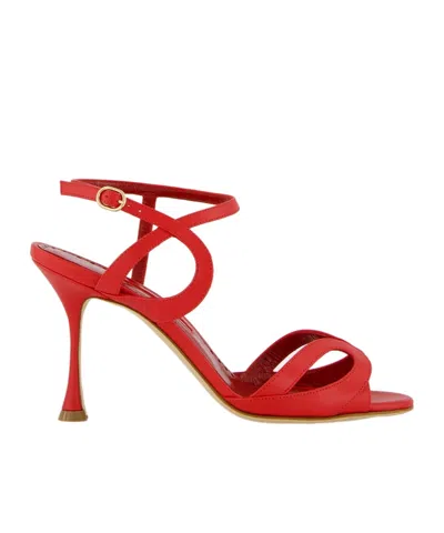Manolo Blahnik Red Calf Leather Ankle Strap Sandals