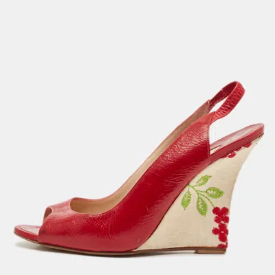 Pre-owned Manolo Blahnik Red Leather Wedge Slingback Sandals Size 37.5