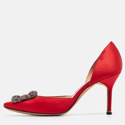 Pre-owned Manolo Blahnik Red Satin Hangisido Pumps Size 38