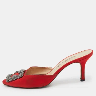 Pre-owned Manolo Blahnik Red Satin Jewel Buckle Hangisi Mules Size 37.5