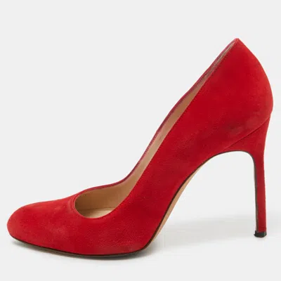 Pre-owned Manolo Blahnik Red Suede Round Toe Pumps Size 37.5
