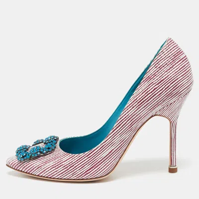 Pre-owned Manolo Blahnik Red/white Stripe Leather Hangisi Crystal Embellished Pumps Size 37