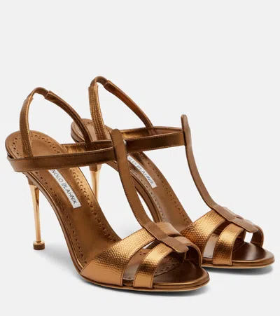 Manolo Blahnik Retaux 70 Lizard-effect Metallic-leather Sandals In Gold