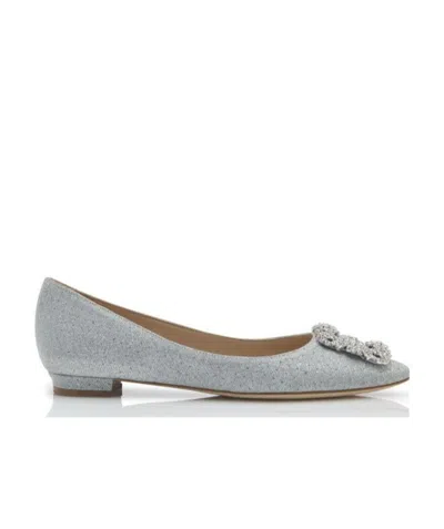 Manolo Blahnik Hangisi Embellished Glittered Satin Point-toe Flats In Silver