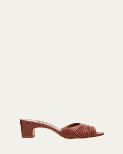 Manolo Blahnik Ruched Leather Slide Sandals