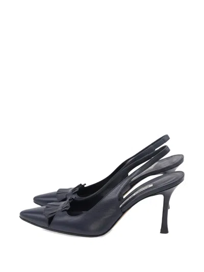 Pre-owned Manolo Blahnik Ruffle-detail Leather Slingback Pumps In Blue