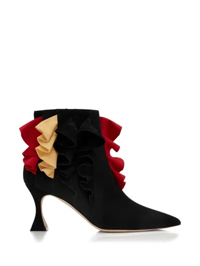 Manolo Blahnik Pompa 70 Ruffled Suede Pointed-toe Ankle Boots In Black