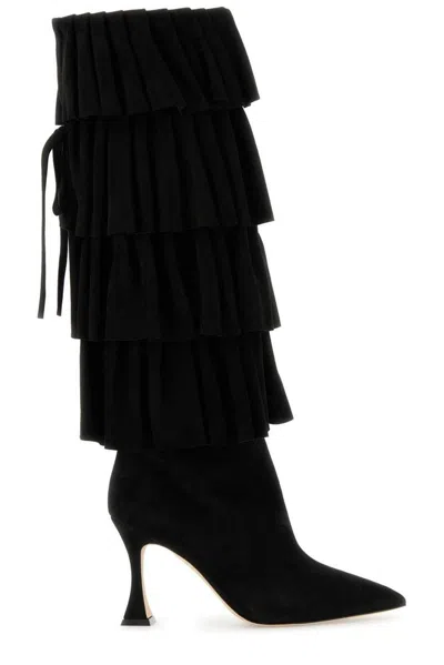 Manolo Blahnik Miralone Ruffled Suede Knee Boots In Black