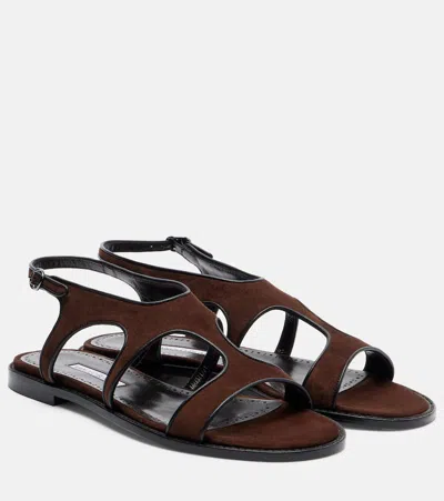 Manolo Blahnik Rufina Leather-trimmed Suede Sandals In Brown