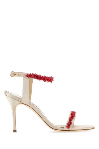 Manolo Blahnik Cienzan Satin Sandals Ankle Embellishment In Beige