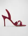 Manolo Blahnik Satin Crisscross Buckle Slingback Sandals In Wine