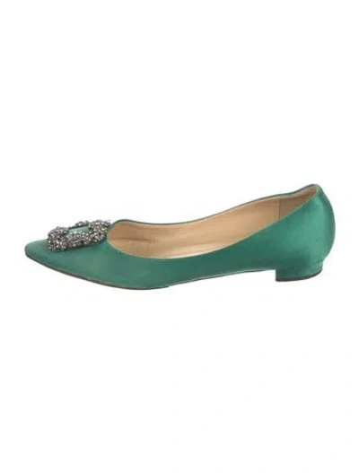 Pre-owned Manolo Blahnik Satin Crystal Embellishments Ballet Flats In Green