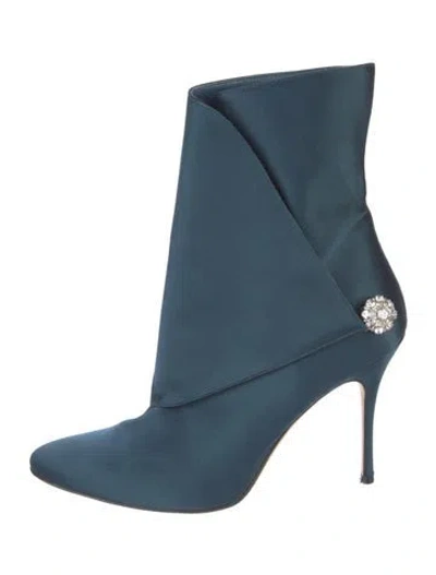 Pre-owned Manolo Blahnik Satin Crystal Embellishments Boots In Blue