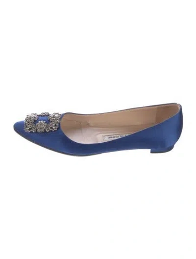 Pre-owned Manolo Blahnik Satin Crystal Embellishments Flats In Blue