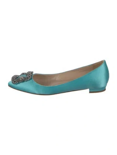 Pre-owned Manolo Blahnik Satin Crystal Embellishments Flats In Blue