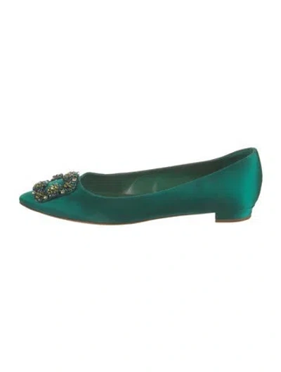 Pre-owned Manolo Blahnik Satin Crystal Embellishments Flats In Green