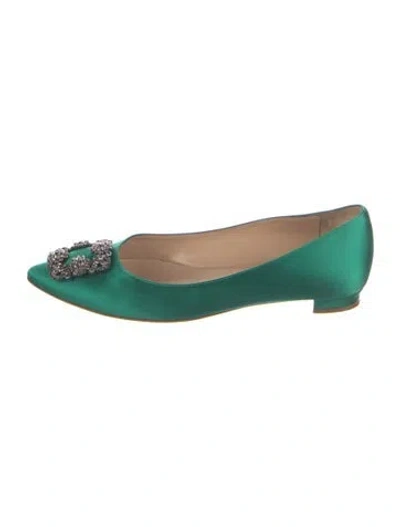Pre-owned Manolo Blahnik Satin Crystal Embellishments Flats In Green