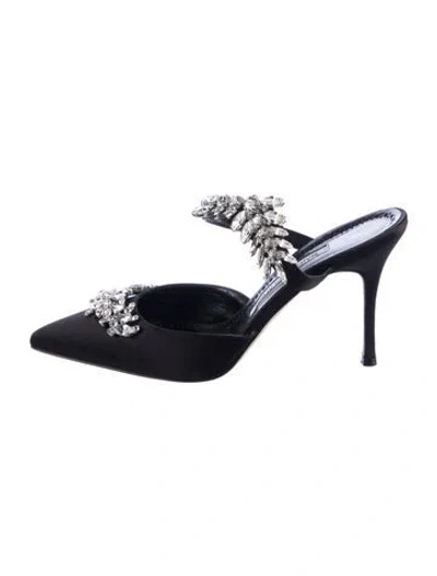 Pre-owned Manolo Blahnik Satin Crystal Embellishments Mules In Blac