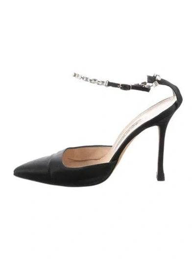Pre-owned Manolo Blahnik Satin Crystal Embellishments Mules In Black