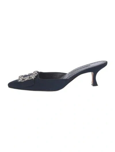 Pre-owned Manolo Blahnik Satin Crystal Embellishments Mules In Blue