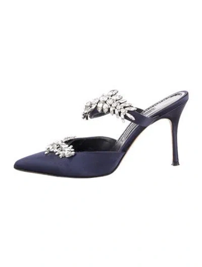 Pre-owned Manolo Blahnik Satin Crystal Embellishments Mules In Blue