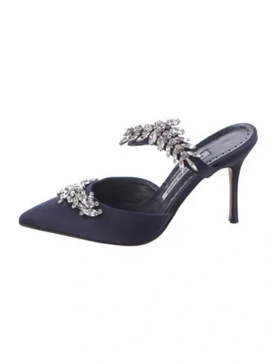 Pre-owned Manolo Blahnik Satin Crystal Embellishments Mules In Blue