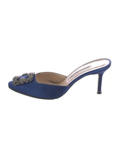 Pre-owned Manolo Blahnik Satin Crystal Embellishments Mules In Blue