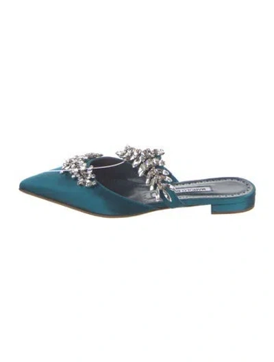 Pre-owned Manolo Blahnik Satin Crystal Embellishments Mules In Blue