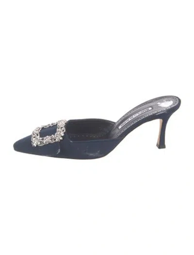 Pre-owned Manolo Blahnik Satin Crystal Embellishments Mules In Blue
